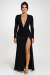 Deep V-Neck Long Sleeve Maxi Dress with Thigh-High Slit