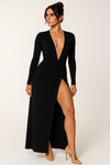 Deep V-Neck Long Sleeve Maxi Dress with Thigh-High Slit