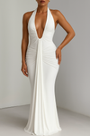 Halter Maxi Gown – Deep V-Neck, Draped Ruched