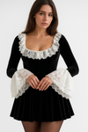 Black Lace Mini Dress | Square Neck Long Flare Sleeve