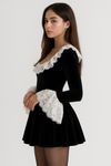 Black Lace Mini Dress | Square Neck Long Flare Sleeve