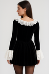 Black Lace Mini Dress | Square Neck Long Flare Sleeve